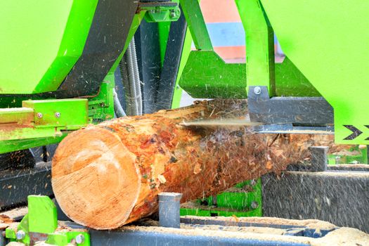 Lumber is produced from large logs, pine boards at a modern automatic sawmill, close-up.