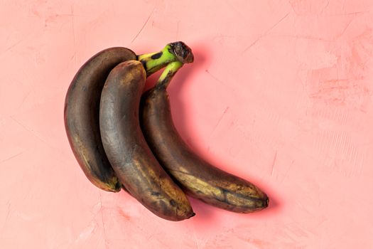 Ugly brown ripe bananas on a background of pink stucco, flat lay, image with copy space.