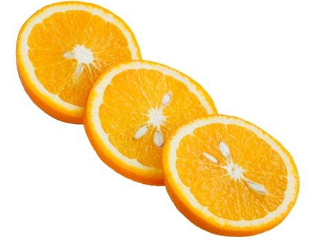 Three rings of sliced juicy ripe orange on a white background.