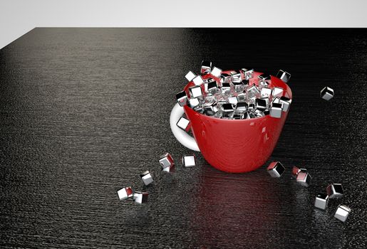 Metal glossy cubes fill a red cup that stands on a black textured table 3D illustration