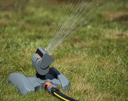 A close-up of a horizontal oscillating sprinkler for lawns that pours a little withered grass