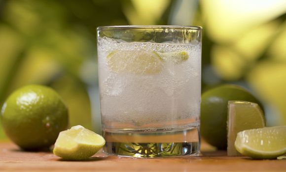 Close up tonic, soda sparkling water in a glass with ice and piece of lime on a green background. Refreshing mineral water, preparing of drinks, cocktails. Cold lemonade drink