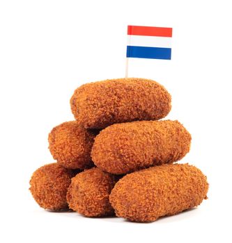 Brown crusty dutch kroketten with dutch flag, isolated on a white background