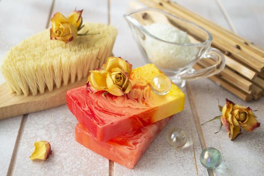 Natural hand made soap with dry roses. Spa set