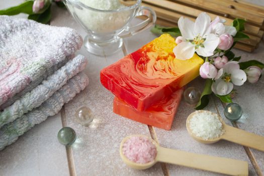 Organic natural hand made soap with rose petals, spa concept, home spa , sauna concept, relax and body care