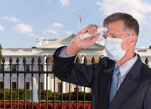 Mockup of senior adult wearing mask checking for coronavirus fever with thermometer before going into White House for meeting
