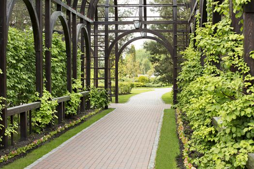 Alcove in the park Surrounded by a beautiful bush, a wooden gazebo of high quality, a well-groomed lawn and flowers with a stone path leading into the distance