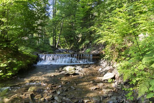 Daylight in the forest illuminates the clear waters of a mountain river. In the cascading waterfall of a mountain stream in the Carpathians, the blue sky reflects.