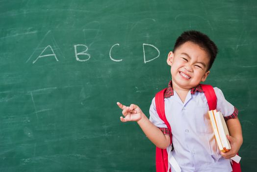 Back to School. Happy Asian funny cute little child boy kindergarten in student uniform and school bag and books smile point finger space side away on school blackboard, First time to school education