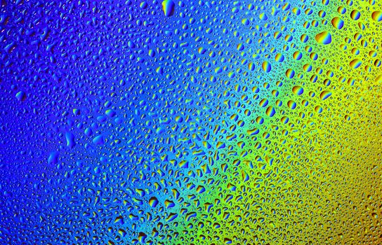 Drops of water against the background of the rainbow and with its reflection in them