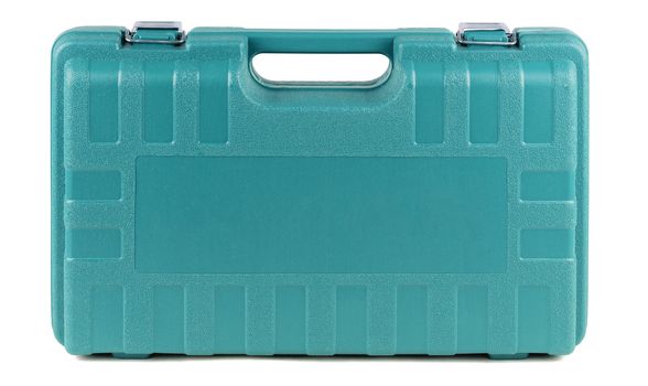 Tool box made of hard plastic with metallic clasps of turquoise color isolated on white background