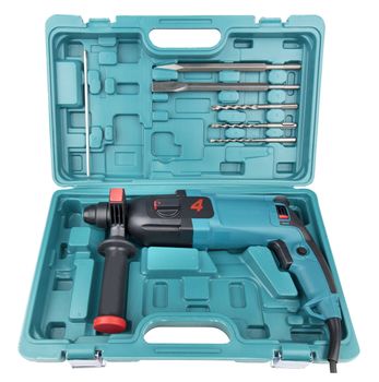 Manual electric drill-puncher of black and turquoise color for professional work in construction c with a set of additional borer attachments, chisel and peak in a convenient portable case isolated on a white background