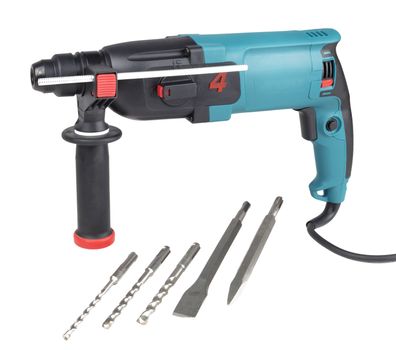 Hand electric drill-puncher of black and turquoise color for professional work in construction c with a set of additional bits of borers, chisel and peak, isolated on white background