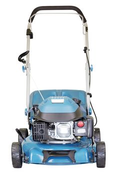 petrol mower on wheels turquoise color with bag grass collector, isolated on white background, high resolution, view of the facade