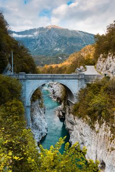 Famous Napoleon Bridge at River Soca with Turquoise Water, Slovenia.
