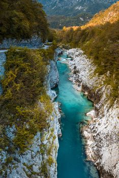 Emerald Green Soca River in Slovenia. Atumnal Foliage Colors.