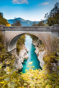 Napoleon Bridge Over River Soca in Slovenia at Fall.