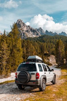 Off Rad Car Adventure. Wild Camping. Driving Into Wilderness in Mountains.