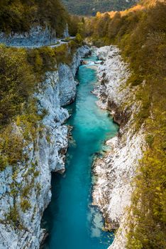 Turquoise Soca River Flows in Rocky Canion in Slovenia.