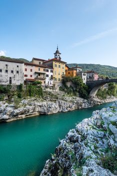 Colorful Town Kanal Ob Soci in Slovenia. Small Village at The Soca River.