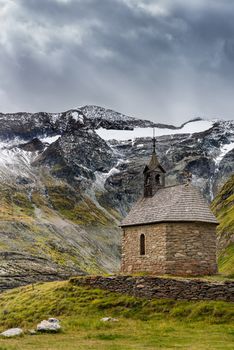 Beautiful Stone Chapel of Pasterzenhaus near Grossglockner Glacier in Austria.