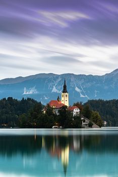 Famous Lake Bled in Slovenia with Church on Island. Long Exposure Photography.