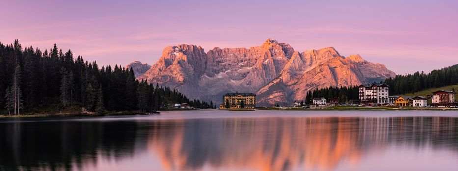 Wide Panoramic Imege of Lake Misurina at Beautiful Sunrise, Dolomites, Italy.