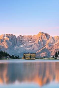 Beautiful Sunrise at Misurina Lake in Italian Dolomites Mountains.