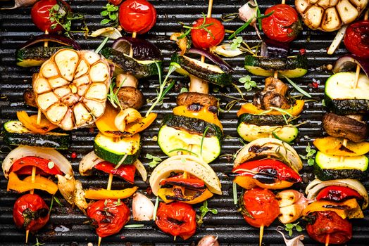 BBQ Grill Vegetables Skewers with Herbs and Spices. Colorful Helathy Summer Party Food. Top View.