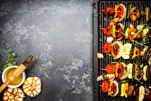 Barbecue Grilled Vegetables Skewers. Food Background with Copy Space.