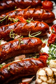 Barbecue Pork Sausages with Grilled Vegetables,Garlic, Herbs and Spices.