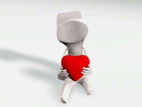 Telephone character being in love sitting with a heart in hands. Long distance relationship concept 3d rendering