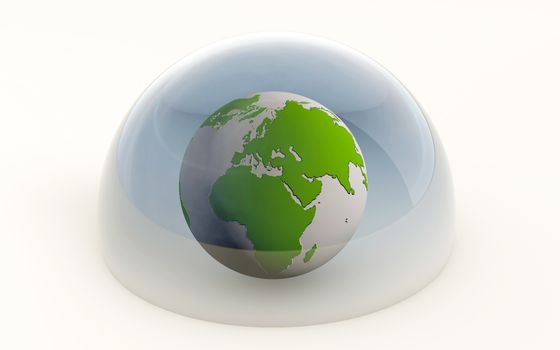 3d rendering of the earth protected isolated under a glass dome on white