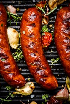 BBQ Grilled Meat Sausages with Herbs,Spices and Vegetables. Summer Party Food .