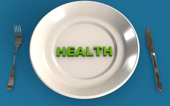 healthy eating concept with green 3d letters on a plate isolated on blue background