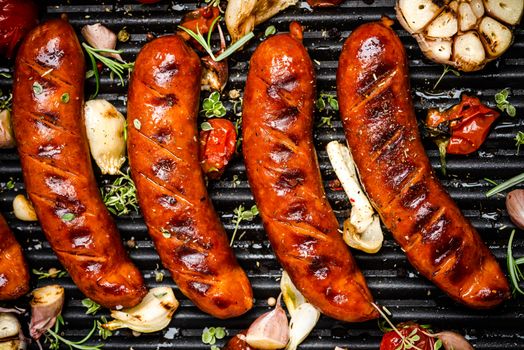 BBQ Grilled Meat Sausages with Herbs,Spices and Vegetables. Summer Party Food .