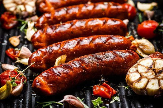 Barbecue Pork Sausages with Grilled Vegetables,Garlic, Herbs and Spices.