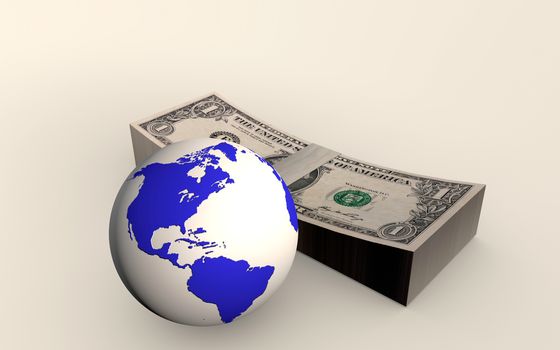 The earth globe in blue colored map with american us dollars. Business concept of global money funds or budget investment business tool. 3D rendered isolated on white background.