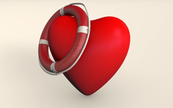 A red heart shape with rescue life support aid. Saving Love or Relationship concept. 3d rendered isolated on white background.