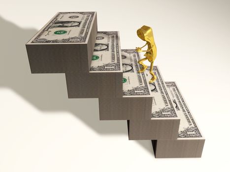 3d rendering of a metaphor of successful business with growing revenues climbing on a staircase from us dollars