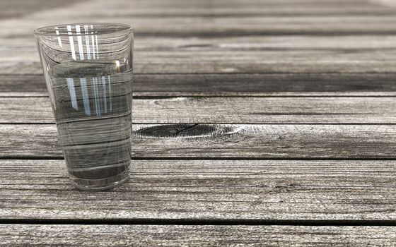 Glass of Water on a wooden table perspective background 3d rendered concept for hydration and health