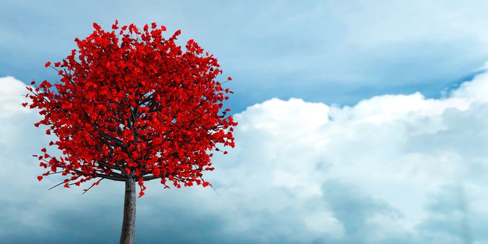 3d rendering of love growing on a tree romantic background on a blue sky in a bright day