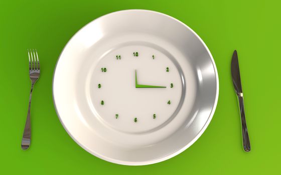 Time to eat healthy 3d rendered concept with a table plate a knife and a fork on green background