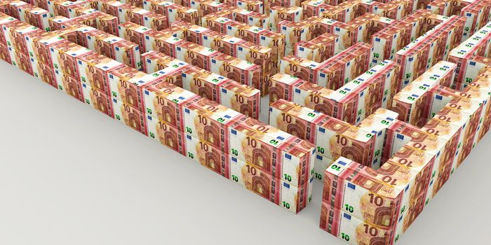 3d rendering of a maze made from euro banknotes isolated on white