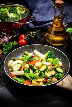 Stir Fry Fresh Vegetables Mix on Frying Pan. Dark Tones Black Image. Healthy Eating Ideas.