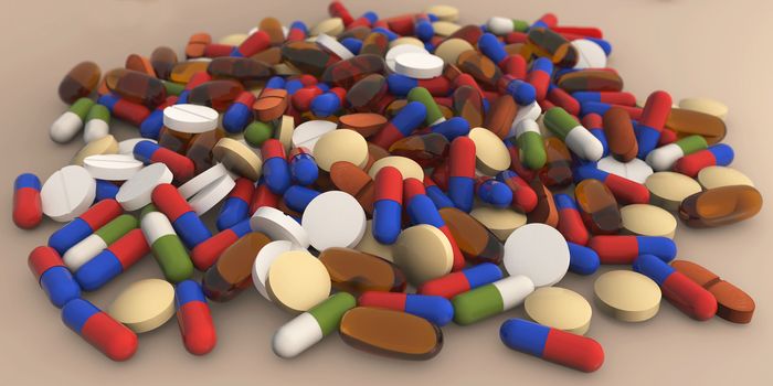 Scattered pills background medical 3d rendered concept