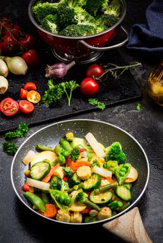 One Pot Healthy Dish Ideas. Stir Fry Vegetables Mix on Pan.