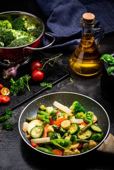 Stir Fry Fresh Vegetables Mix on Frying Pan. Dark Tones Black Image. Healthy Eating Ideas.