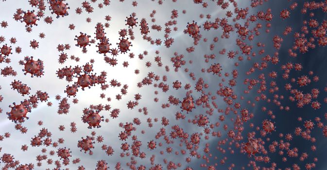 3d rendering of coronavirus raining from the cloudy sky in a bright sunny day