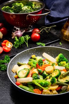 One Pot Healthy Dish Ideas. Stir Fry Vegetables Mix on Pan.